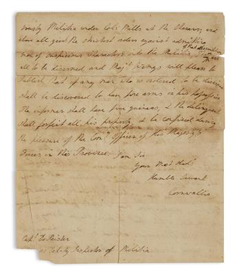 (AMERICAN REVOLUTION.) CORNWALLIS, CHARLES. Autograph Letter Signed, Cornwallis, to Deputy Inspector of Militia Abraham de Peyster,